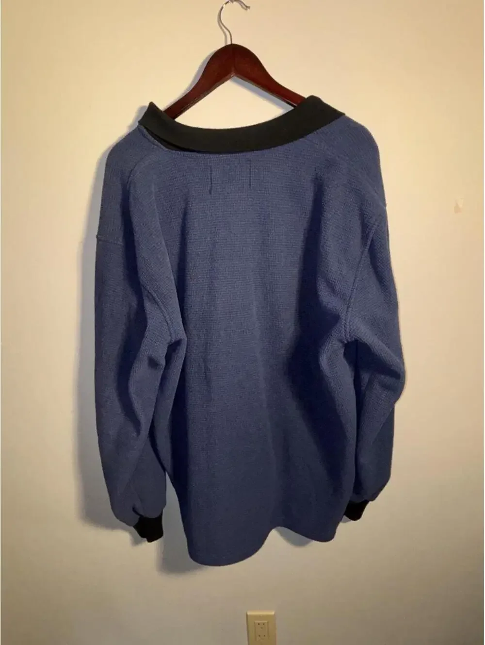 90s Hilton Ready Wear Blue Waffle Knit Pullover with Black Collar and Cuffs